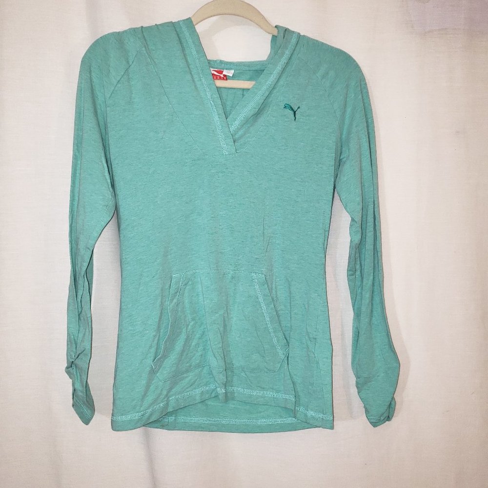 Puma Womens Sz Small T-Shirt Pullover Hooded Long Sleeve Mint Green #30-I
